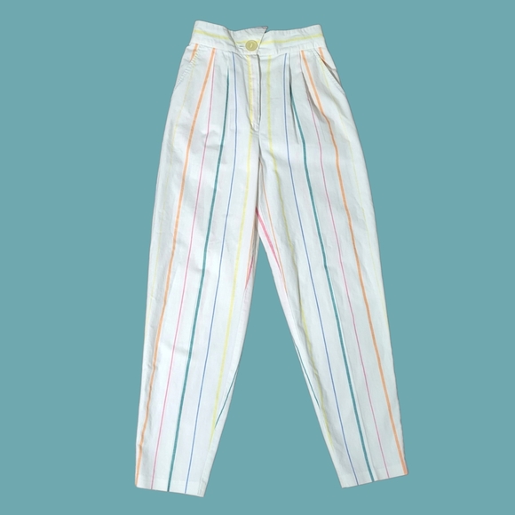 Vintage Pants - Vintage 80s High Waisted White Rainbow Striped Pants